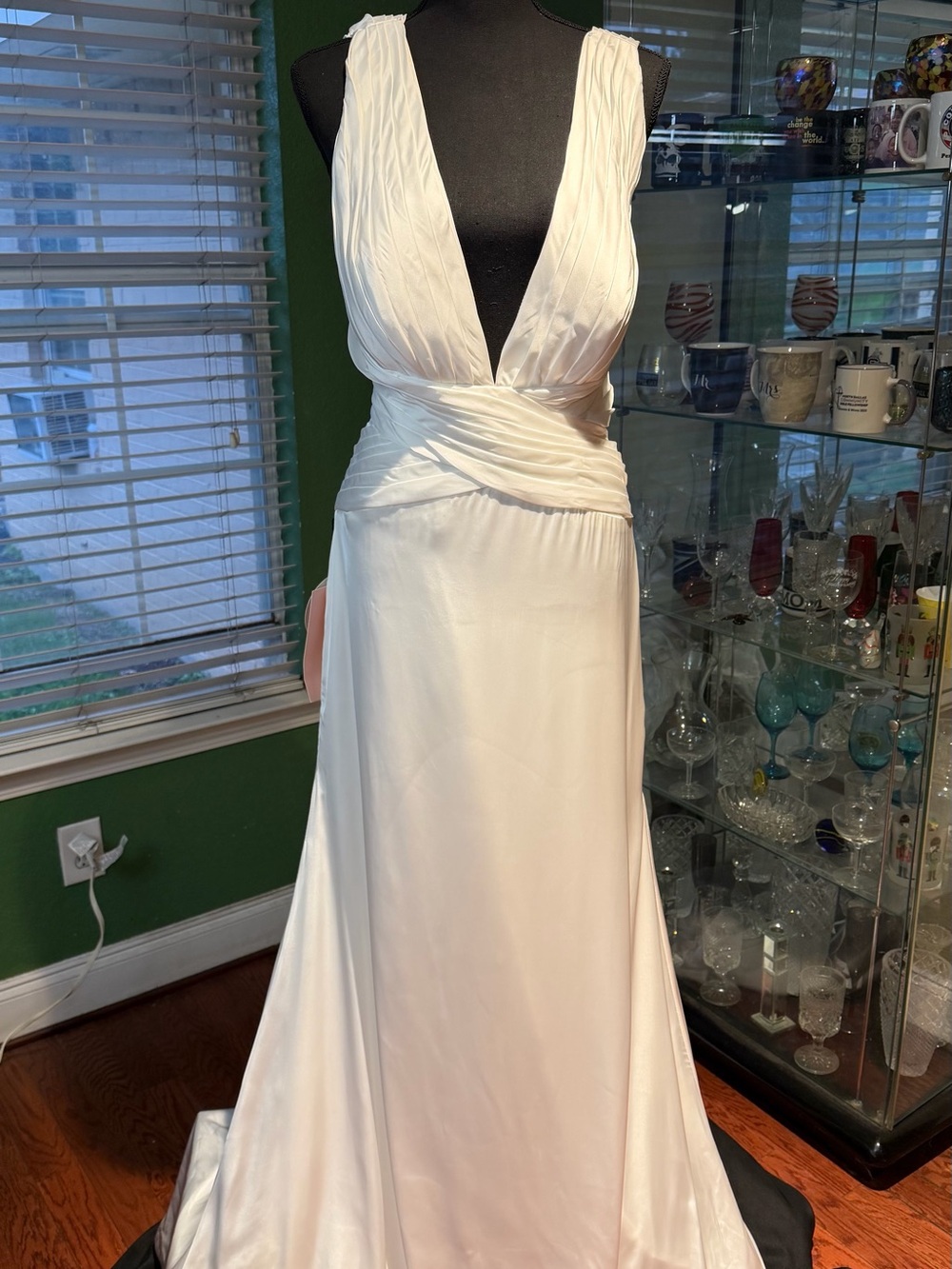 Plunging V-Neck White Satin Wedding Gown
